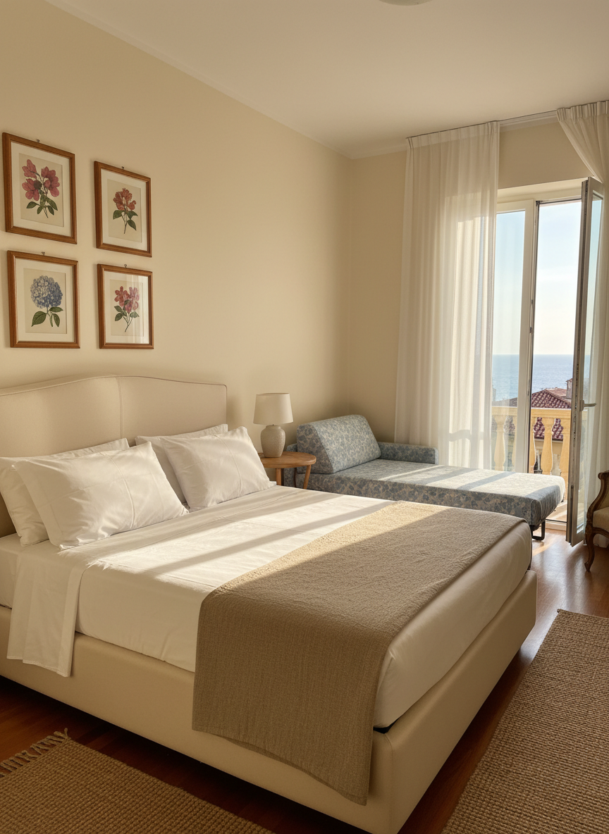 A bright, sophisticated double guest room in a coastal Italian bed & breakfast, designed for couples or a small family. A large upholstered bed with pristine white cotton linens, soft taupe throw, and two fluffy pillows dominates the center, with a discreet pull-out sofa neatly made up for an under‑18 guest. Walls are painted in warm ivory, accented by framed botanical prints of local flowers. Floor‑to‑ceiling windows open onto a balcony with a glimpse of sea and Alassio’s roofs. Morning sunlight streams through sheer curtains, creating soft, inviting shadows. Photographic realism, eye-level composition, with clean lines, uncluttered decor, and a calm, reassuring mood that makes direct booking feel safe and appealing.