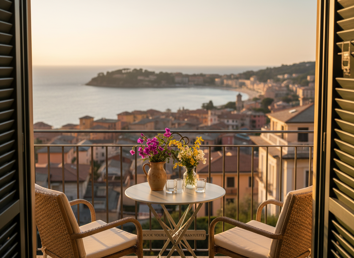 Private balcony of a sophisticated bed & breakfast room above Alassio at Santa Croce, captured in photographic realism. In the foreground, a small bistro table in matte white metal holds a ceramic jug of water, two empty glasses, and a small vase of fresh local flowers. Two comfortable chairs with soft cushions face outward toward a sweeping view of the coastline, town rooftops, and the shimmering Ligurian Sea. The scene is bathed in warm sunset light, casting long, gentle shadows and a golden rim along the railing. Shot from behind the table at seated eye level, with shallow depth of field that keeps the balcony crisp and the town slightly softened. The overall atmosphere is intimate, quiet, and luxurious, encouraging viewers to book directly for this exclusive tranquility.