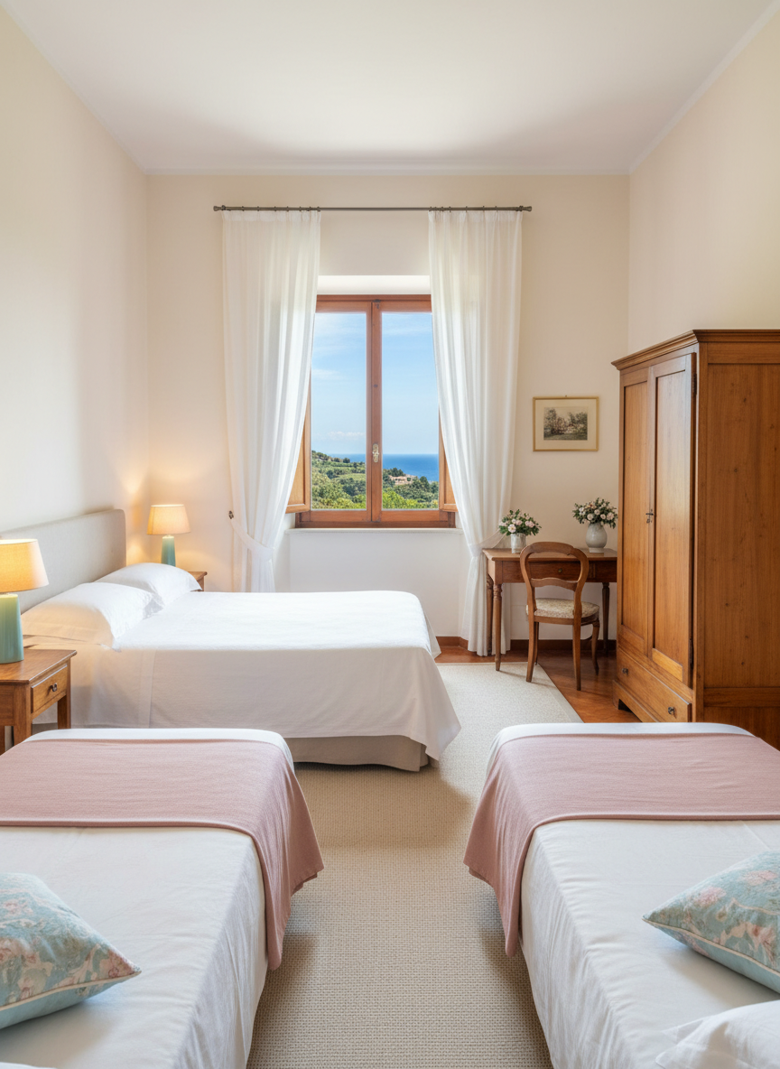Spacious family room in a refined Italian bed & breakfast, showcasing flexible accommodation for adults and minors. A main double bed with immaculate white linens stands opposite a tidy set of two single beds, each with pastel-colored throws and matching cushions. A large window reveals lush green hillsides and a sliver of sea in the distance, highlighting the peaceful yet convenient location near Alassio. Natural daylight fills the room, softened by sheer curtains, complemented by warm bedside lamps that add a cozy touch. Photographic realism, eye-level view with a wide lens to capture the entire room, including a simple wooden desk, wardrobe, and subtle floral accents. The mood is calm, safe, and welcoming, ideal for direct family bookings seeking quiet comfort close to the beach and town center.