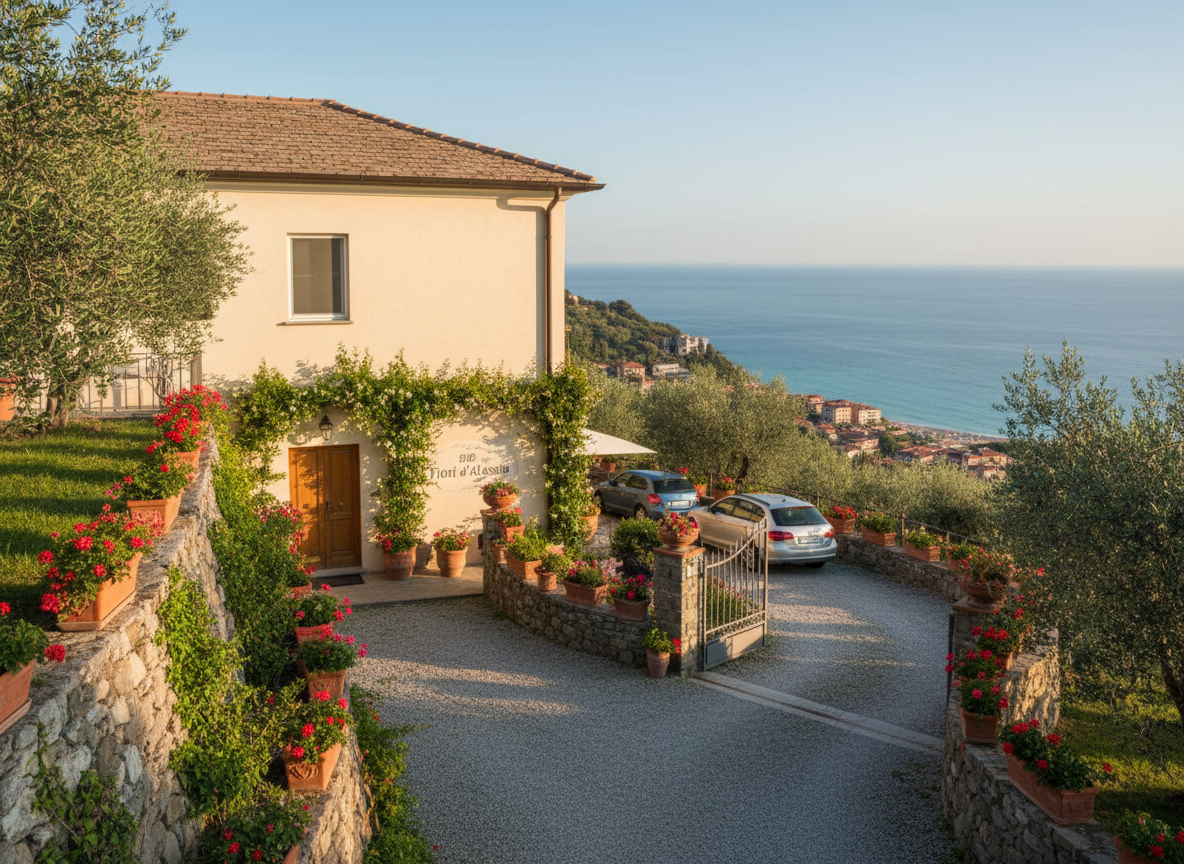 Photographic realism of the exterior of a refined Ligurian villa converted into a bed & breakfast, “B&B Fiori d’Alassio,” perched on the green hillside of Santa Croce. The facade is light cream stucco with soft terracotta roof tiles, framed by flowering Mediterranean plants in terracotta pots and low stone walls. In the distance, the turquoise Ligurian Sea and the town of Alassio are visible below, suggesting an easy, short reach. Late afternoon golden sunlight bathes the house, creating warm highlights and gentle shadows. Captured from a slightly elevated angle with sharp focus, the composition emphasizes the quiet panoramic position, private driveway with a few parked cars, and discrete entrance, conveying elegance, tranquility, and security.