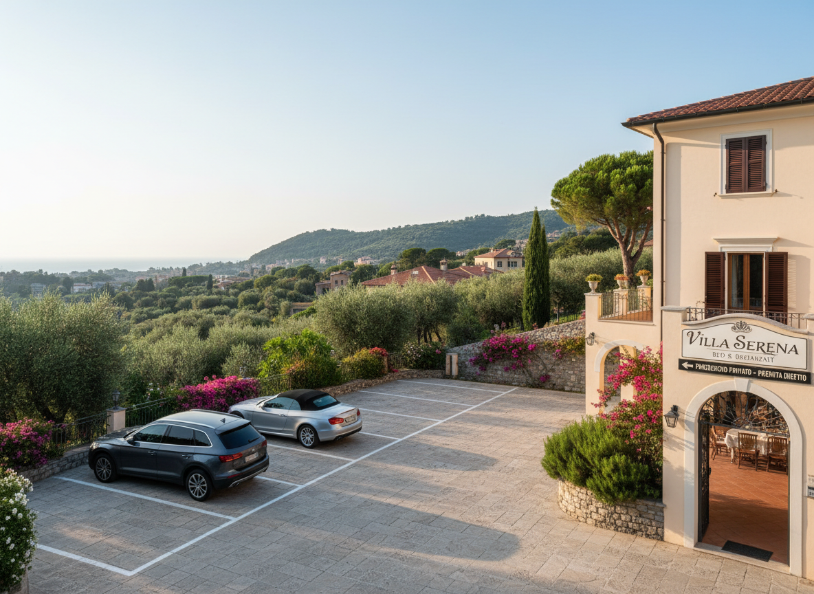 Secure private parking area of a high-quality bed & breakfast near Alassio, designed to reassure guests arriving by car. The foreground shows a neat, paved courtyard with clearly marked parking spaces and a few well-kept cars, bordered by low stone walls and lush Mediterranean greenery. The elegant B&B building stands nearby with soft-toned facades and tasteful signage, while beyond, the hillside slopes gently down toward a glimpse of the sea and town. Late afternoon natural light creates clean, defined shadows, enhancing a sense of order and safety. Photographic realism, slightly elevated perspective with balanced composition, focusing on accessibility and convenience. The mood is calm and trustworthy, reinforcing the idea that booking directly guarantees an easy, stress-free stay in a quiet yet connected location.