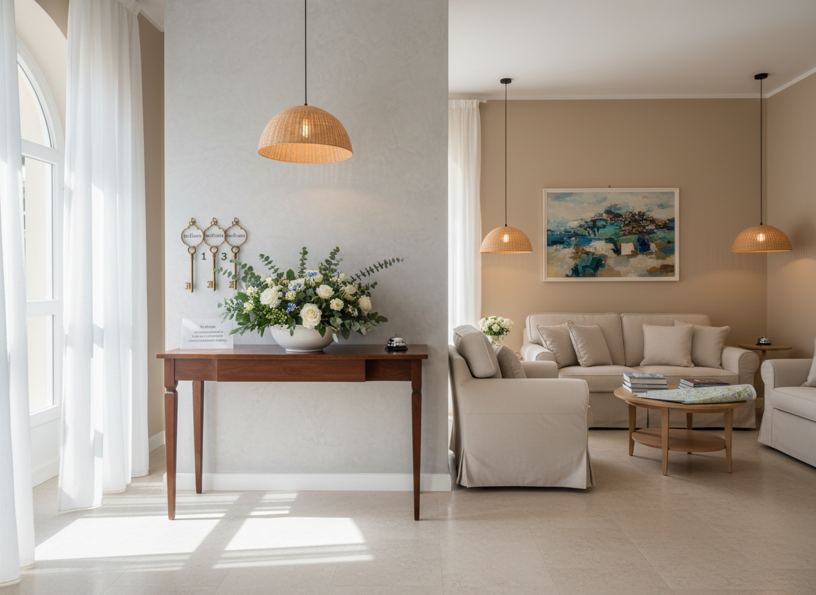 Reception and lounge corner of an elegant bed & breakfast in Santa Croce, Alassio, rendered in photographic realism. A sleek wooden console table holds a bowl of fresh flowers and a neatly arranged set of room key fobs, with a discreet bell to one side. Nearby, a comfortable seating nook offers a neutral-toned sofa and armchairs around a low coffee table with local guidebooks and a small map of Alassio and the coast. Soft, warm pendant lighting combines with filtered daylight from a nearby window, casting gentle, welcoming shadows. The composition is eye-level and symmetrical, emphasizing cleanliness, professionalism, and a homely atmosphere. No people are visible, allowing viewers to imagine their own arrival as they feel encouraged to contact the B&B directly for information and reservations.